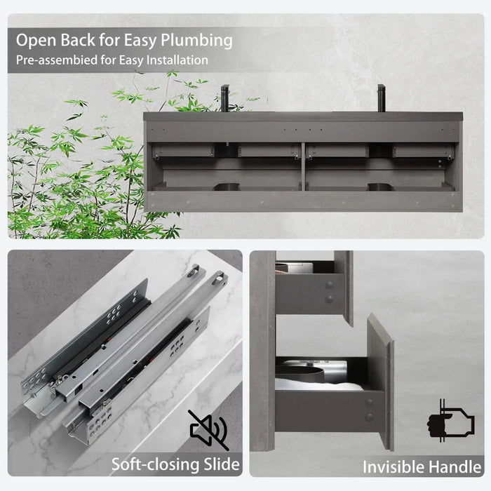 72' Floating Bathroom Vanity with Sink, Modern Wall-Mounted Bathroom Storage Vanity Cabinet with Two Black Quartz Sand Top Basins and Four Soft Close Drawers, EDI-Series Cement Grey 24V12-72GR Default -DTYStore