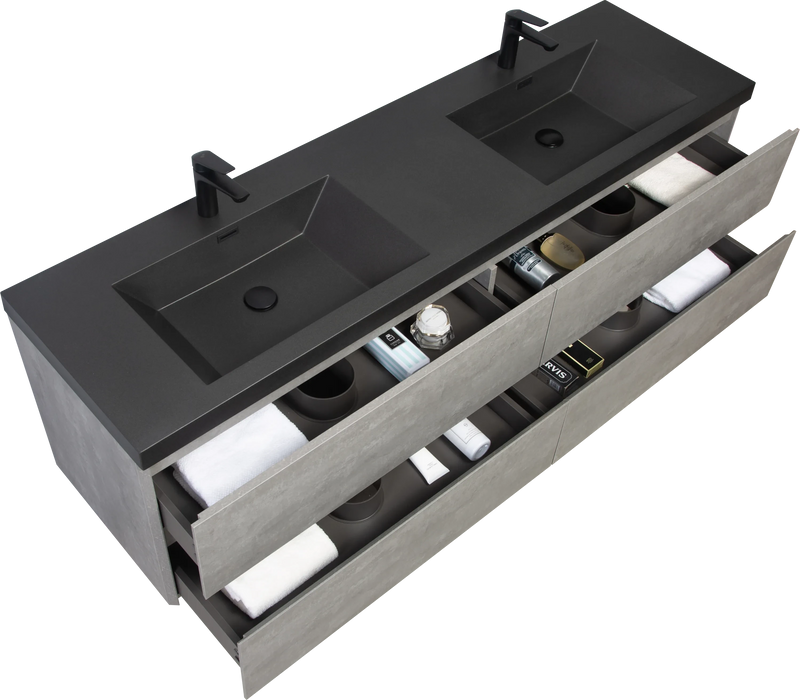 72' Floating Bathroom Vanity with Sink, Modern Wall-Mounted Bathroom Storage Vanity Cabinet with Two Black Quartz Sand Top Basins and Four Soft Close Drawers, EDI-Series Cement Grey 24V12-72GR Default -DTYStore