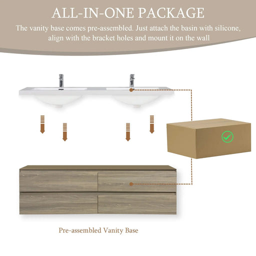 72' Floating Bathroom Vanity with Sink, Modern Wall-Mounted Bathroom Storage Vanity Cabinet with Two Resin Top Basin and Four Soft Close Drawers, Ash Grey 24V11-72AG Default -DTYStore