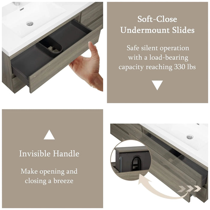 72' Floating Bathroom Vanity with Sink, Modern Wall-Mounted Bathroom Storage Vanity Cabinet with Two Resin Top Basin and Four Soft Close Drawers, Ash Grey 24V11-72AG Default -DTYStore