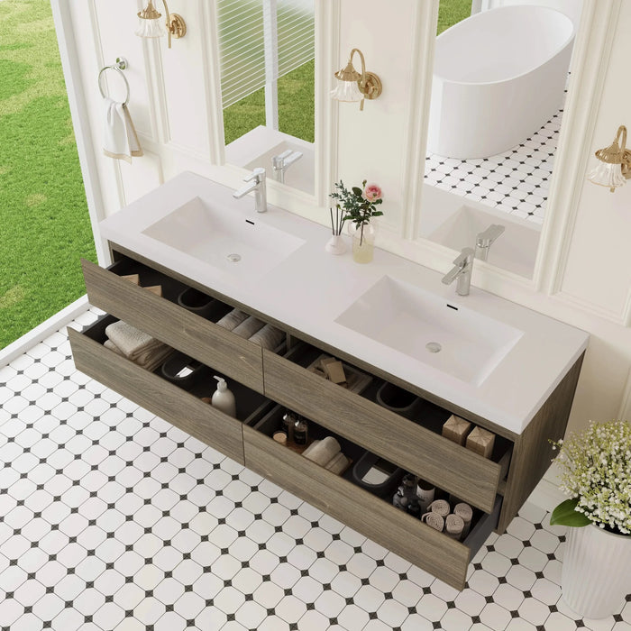 72' Floating Bathroom Vanity with Sink, Modern Wall-Mounted Bathroom Storage Vanity Cabinet with Two Resin Top Basin and Four Soft Close Drawers, Ash Grey 24V11-72AG Default -DTYStore