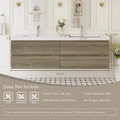 72' Floating Bathroom Vanity with Sink, Modern Wall-Mounted Bathroom Storage Vanity Cabinet with Two Resin Top Basin and Four Soft Close Drawers, Ash Grey 24V11-72AG Default -DTYStore