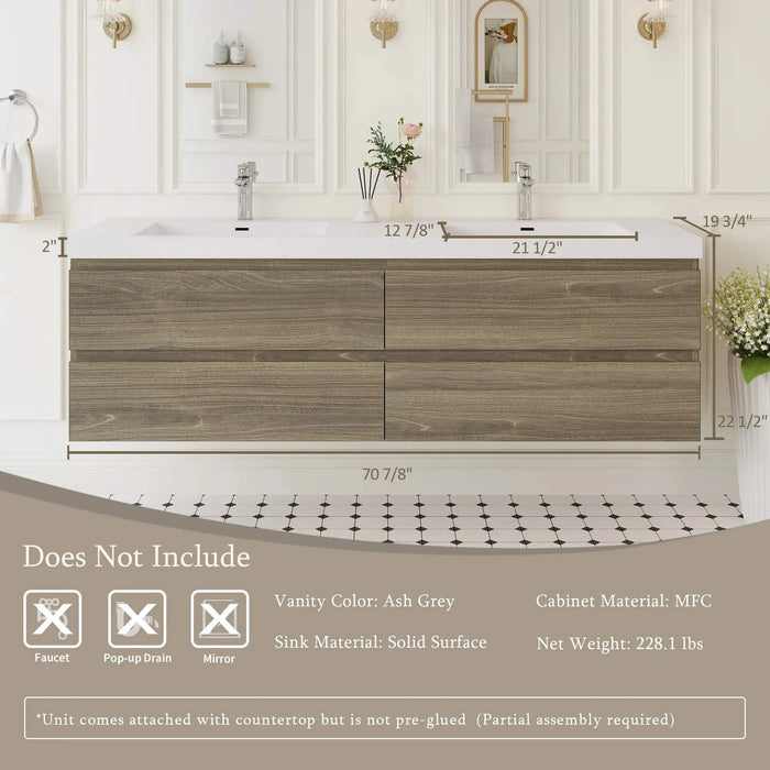 72' Floating Bathroom Vanity with Sink, Modern Wall-Mounted Bathroom Storage Vanity Cabinet with Two Resin Top Basin and Four Soft Close Drawers, Ash Grey 24V11-72AG Default -DTYStore