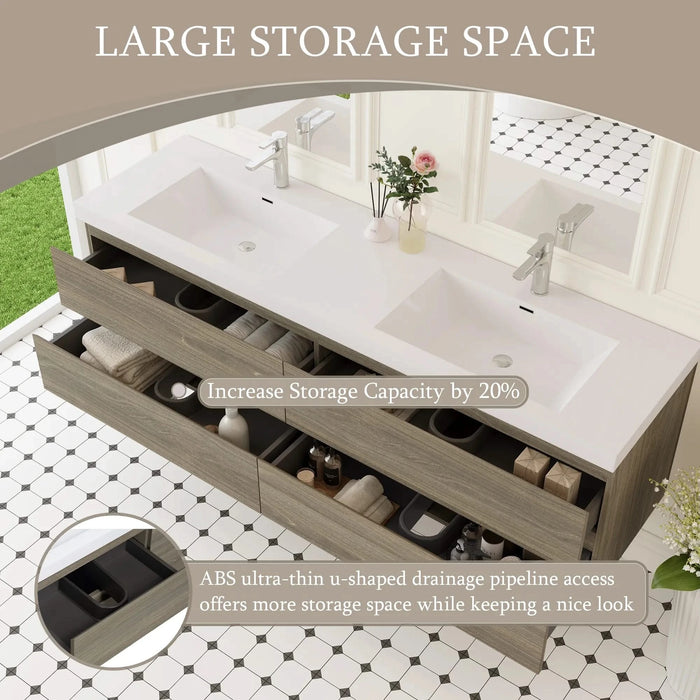 72' Floating Bathroom Vanity with Sink, Modern Wall-Mounted Bathroom Storage Vanity Cabinet with Two Resin Top Basin and Four Soft Close Drawers, Ash Grey 24V11-72AG Default -DTYStore