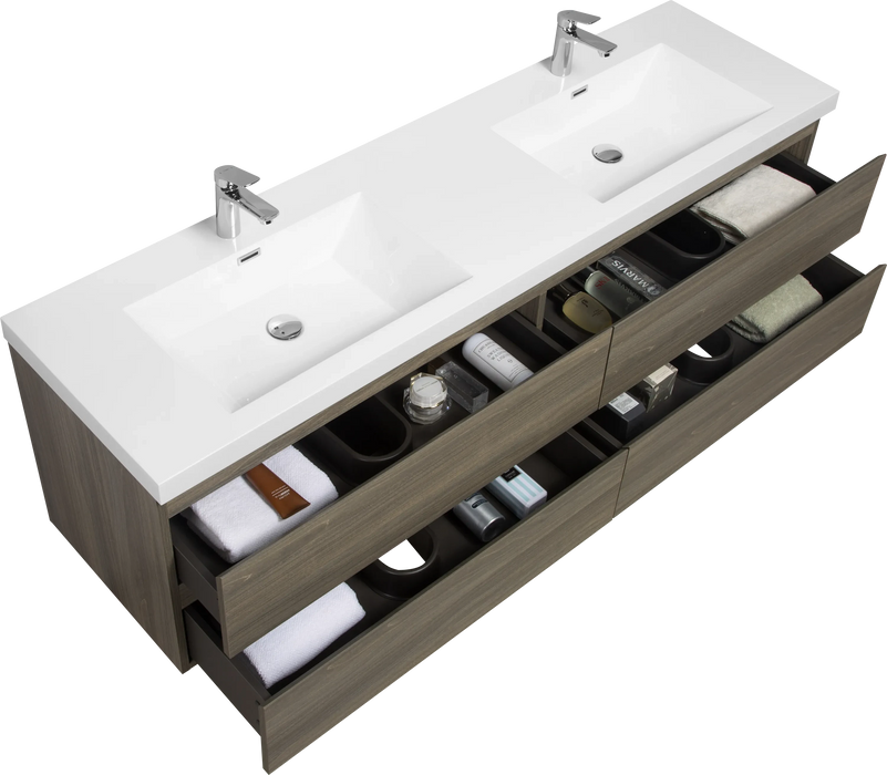 72' Floating Bathroom Vanity with Sink, Modern Wall-Mounted Bathroom Storage Vanity Cabinet with Two Resin Top Basin and Four Soft Close Drawers, Ash Grey 24V11-72AG Default -DTYStore
