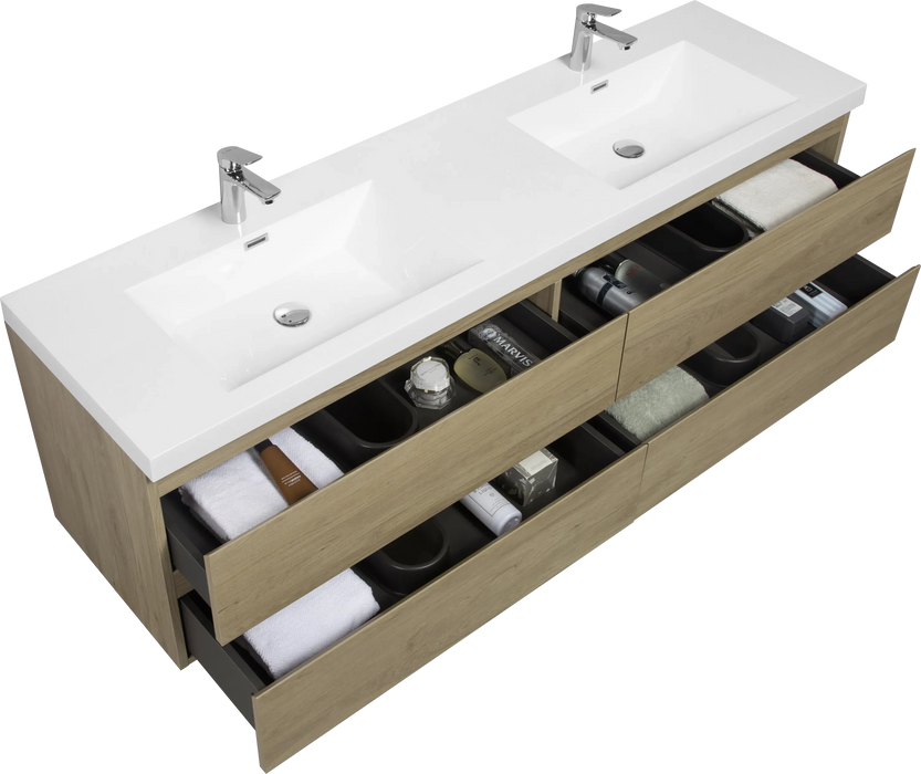 72' Floating Bathroom Vanity with Sink, Modern Wall-Mounted Bathroom Storage Vanity Cabinet with Two Resin Top Basin and Four Soft Close Drawers, Natural Oak 24V11-72NO Default -DTYStore