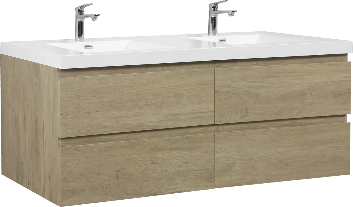 72' Floating Bathroom Vanity with Sink, Modern Wall-Mounted Bathroom Storage Vanity Cabinet with Two Resin Top Basin and Four Soft Close Drawers, Natural Oak 24V11-72NO Default -DTYStore