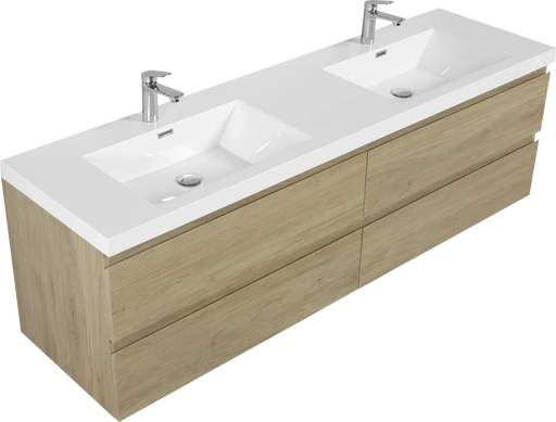 72' Floating Bathroom Vanity with Sink, Modern Wall-Mounted Bathroom Storage Vanity Cabinet with Two Resin Top Basin and Four Soft Close Drawers, Natural Oak 24V11-72NO Default -DTYStore