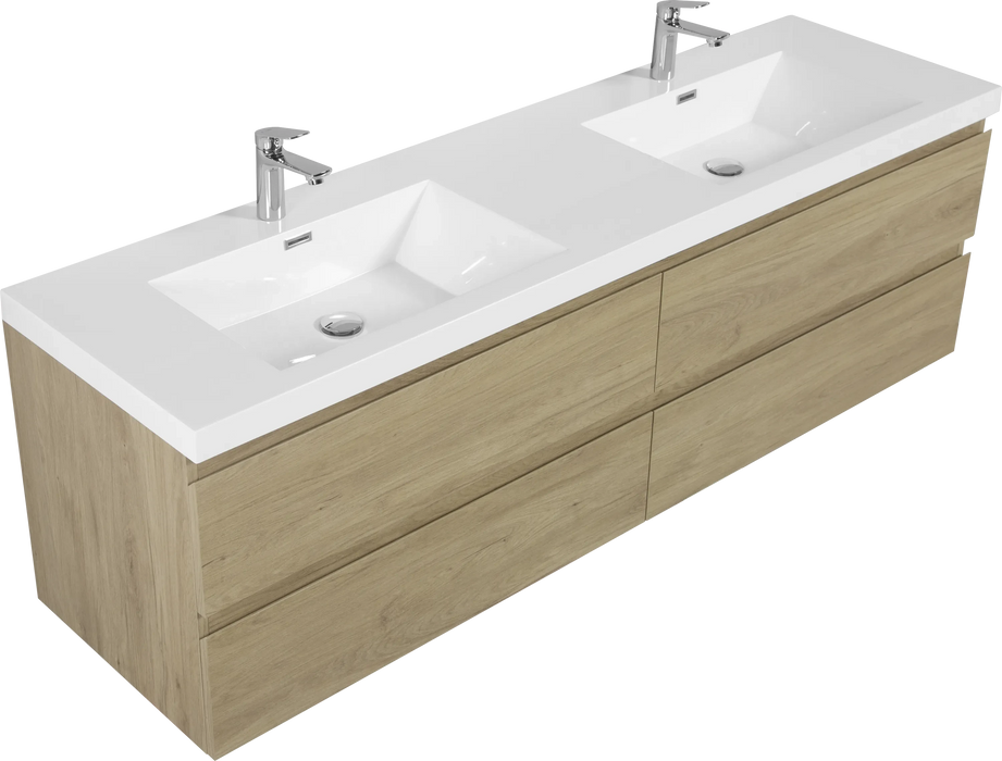 72' Floating Bathroom Vanity with Sink, Modern Wall-Mounted Bathroom Storage Vanity Cabinet with Two Resin Top Basin and Four Soft Close Drawers, Natural Oak 24V11-72NO Default -DTYStore