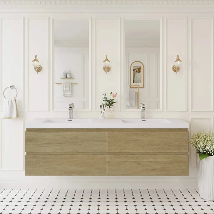 72' Floating Bathroom Vanity with Sink, Modern Wall-Mounted Bathroom Storage Vanity Cabinet with Two Resin Top Basin and Four Soft Close Drawers, Natural Oak 24V11-72NO Default -DTYStore