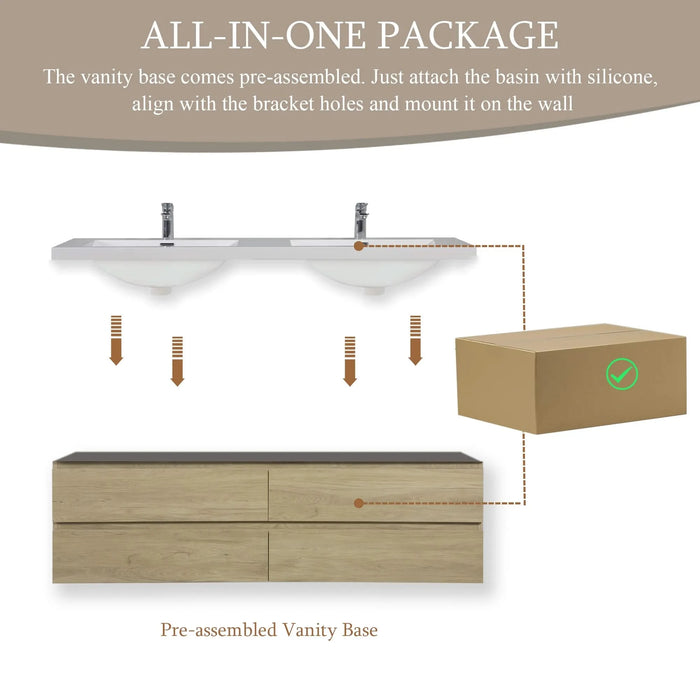 72' Floating Bathroom Vanity with Sink, Modern Wall-Mounted Bathroom Storage Vanity Cabinet with Two Resin Top Basin and Four Soft Close Drawers, Natural Oak 24V11-72NO Default -DTYStore