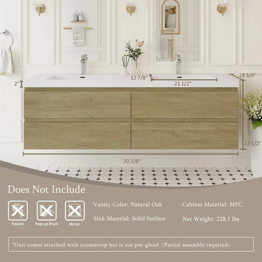 72' Floating Bathroom Vanity with Sink, Modern Wall-Mounted Bathroom Storage Vanity Cabinet with Two Resin Top Basin and Four Soft Close Drawers, Natural Oak 24V11-72NO Default -DTYStore