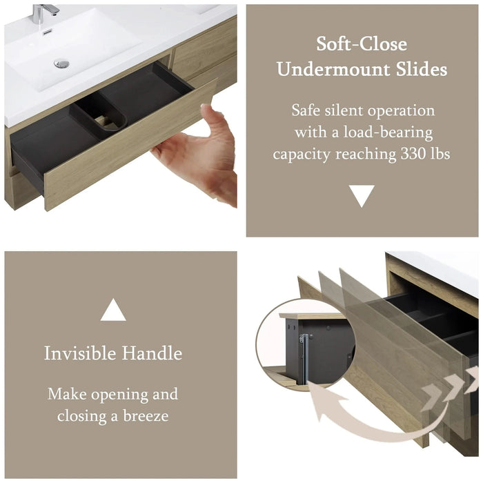 72' Floating Bathroom Vanity with Sink, Modern Wall-Mounted Bathroom Storage Vanity Cabinet with Two Resin Top Basin and Four Soft Close Drawers, Natural Oak 24V11-72NO Default -DTYStore