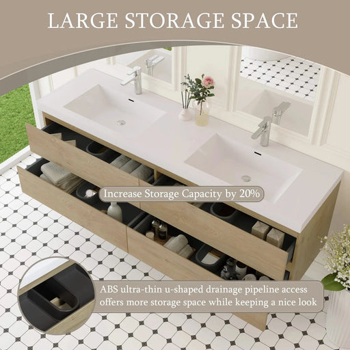 72' Floating Bathroom Vanity with Sink, Modern Wall-Mounted Bathroom Storage Vanity Cabinet with Two Resin Top Basin and Four Soft Close Drawers, Natural Oak 24V11-72NO Default -DTYStore