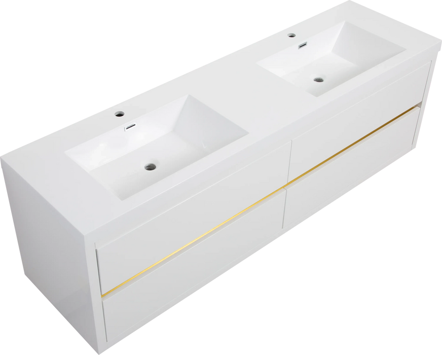 72' Wall-Mounted Bathroom Vanity with Double Sinks, Floating Bathroom Storage Cabinet with Stone Resin Countertop and Soft Close Drawers, Glossy White 24V15-72GW Default -DTYStore