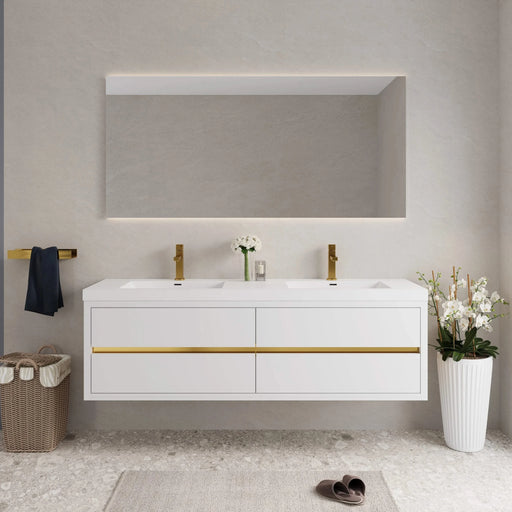 72' Wall-Mounted Bathroom Vanity with Double Sinks, Floating Bathroom Storage Cabinet with Stone Resin Countertop and Soft Close Drawers, Glossy White 24V15-72GW Default -DTYStore