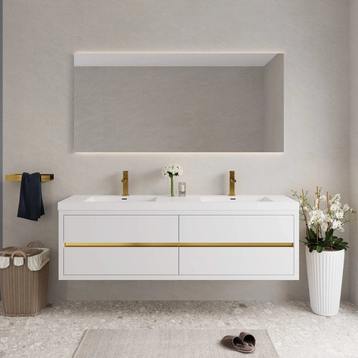 72' Wall-Mounted Bathroom Vanity with Double Sinks, Floating Bathroom Storage Cabinet with Stone Resin Countertop and Soft Close Drawers, Glossy White 24V15-72GW Default -DTYStore