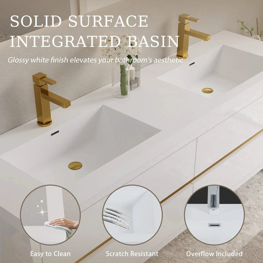 72' Wall-Mounted Bathroom Vanity with Double Sinks, Floating Bathroom Storage Cabinet with Stone Resin Countertop and Soft Close Drawers, Glossy White 24V15-72GW Default -DTYStore
