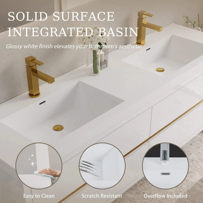 72' Wall-Mounted Bathroom Vanity with Double Sinks, Floating Bathroom Storage Cabinet with Stone Resin Countertop and Soft Close Drawers, Glossy White 24V15-72GW Default -DTYStore