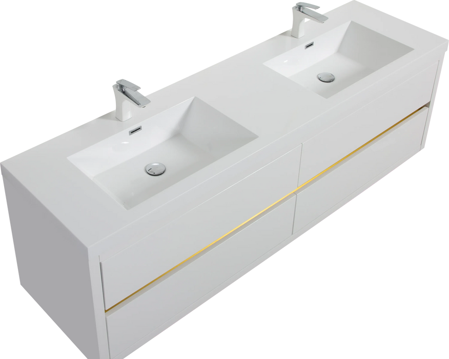 72' Wall-Mounted Bathroom Vanity with Double Sinks, Floating Bathroom Storage Cabinet with Stone Resin Countertop and Soft Close Drawers, Glossy White 24V15-72GW Default -DTYStore