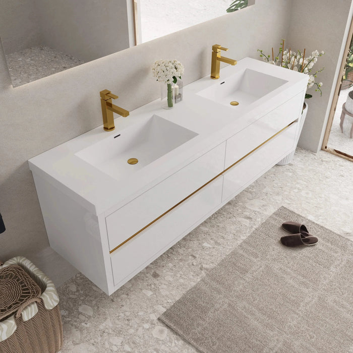 72' Wall-Mounted Bathroom Vanity with Double Sinks, Floating Bathroom Storage Cabinet with Stone Resin Countertop and Soft Close Drawers, Glossy White 24V15-72GW Default -DTYStore