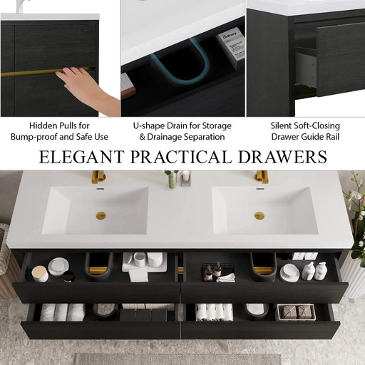 72' Wall-Mounted Bathroom Vanity with Sink, Floating Bathroom Storage Cabinet with Stone Resin Countertop and Soft Close Drawers, Espresso Wood 24V15-72EW Default -DTYStore