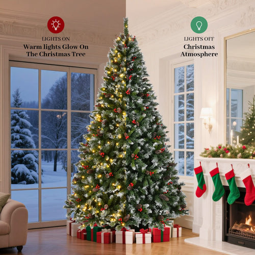 9ft Pre-Lit Pre-Decorated Pine Hinged Artificial Christmas Tree with 1740 Flocked Frosted Tips, 103 Pine Cones, 309 Red Berries,  600 Lights, Metal Base for Holiday Party Office Home - Image 4