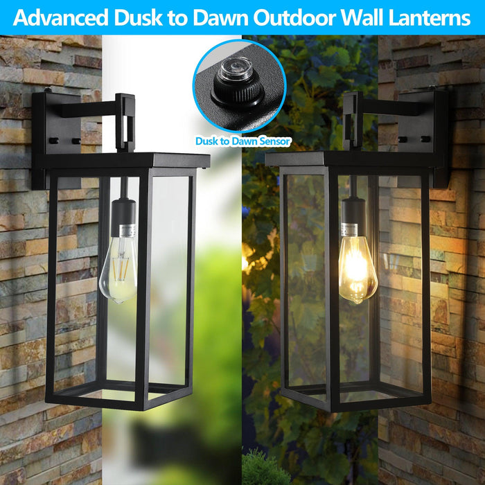 Set of 2 Modern Outdoor Wall Lanterns with Black Metal Frame and Clear Glass, Ambient light sensors,Weatherproof Wall Sconces for Porch, Garage, or Entryway Lighting, E26 Bulb Compatible - DTYStore
