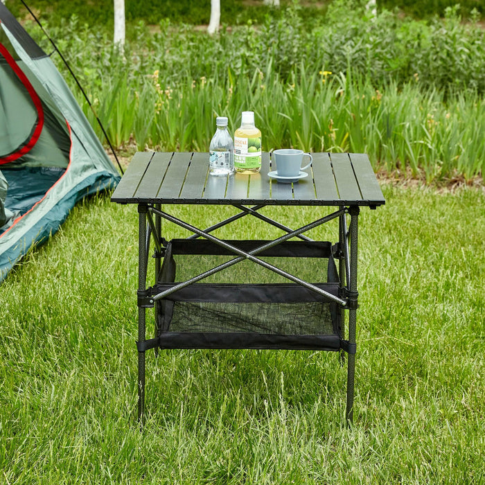 1-piece Folding Outdoor Table with Carrying Bag,Lightweight Aluminum Roll-up Square Table for indoor, Outdoor Camping, Picnics, Beach,Backyard, BBQ, Party, Patio, 27.56X27.56X27.56in, Black - DTYStore
