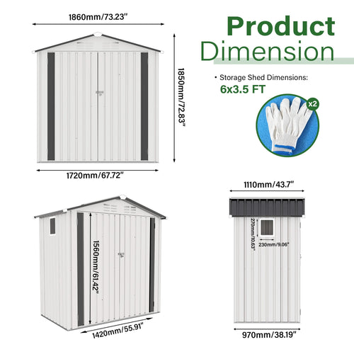 6X3.5FT Garden Tool Shed Metal Storage Shed with Peaked Roof Waterproof Lockable Door White - Image 3