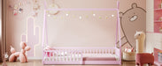 Twin Size Wood House Bed with Fence, Pink - DTYStore