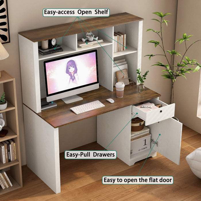 Computer Desk with Hutch & Bookshelf,Wood Executive Desk Teens Student Desk Writing Laptop Home Office Desk with Drawers,3 AC Outlets and 2 USB Charging Ports,Study Laptop Table for Home - DTYStore