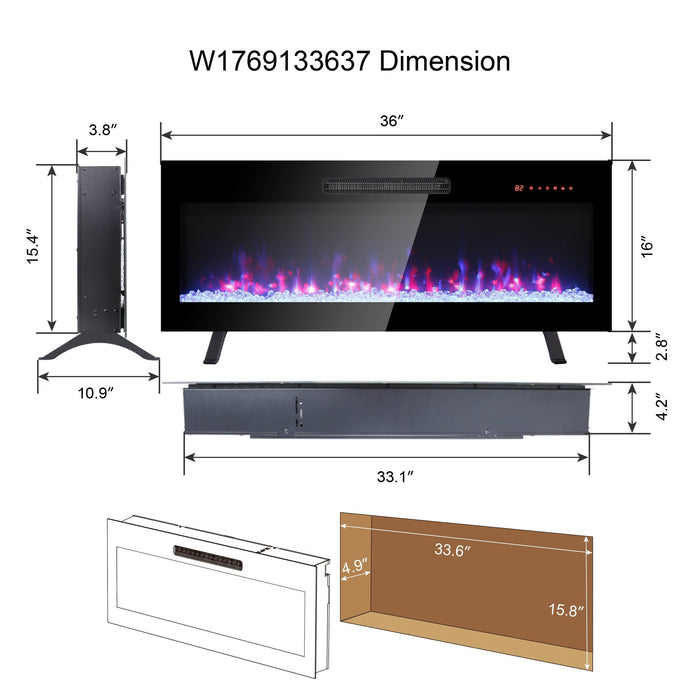 36 inch recessed ultra thin tempered glass front wall mounted electric fireplace with remote and multi color flame & emberbed, LED light heater - DTYStore