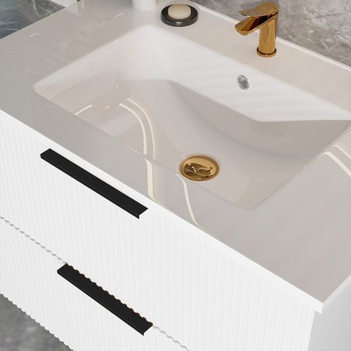30 Inch Bathroom Vanity Cabinet With Ceramic Sink - White Wall Mounted Floating Fluted Vanity With Drawers, Modern - Image 9