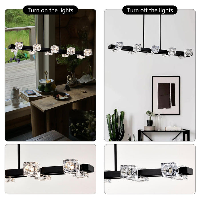 Rectangle Chandelier for Dining Room, 8-Light Black Farmhouse Linear Pendant Light Fixture, Modern Crystal Hanging Lighting Chandelier for Lobby, Kitchen, Bedroom, Living Room, Conference Room, Home