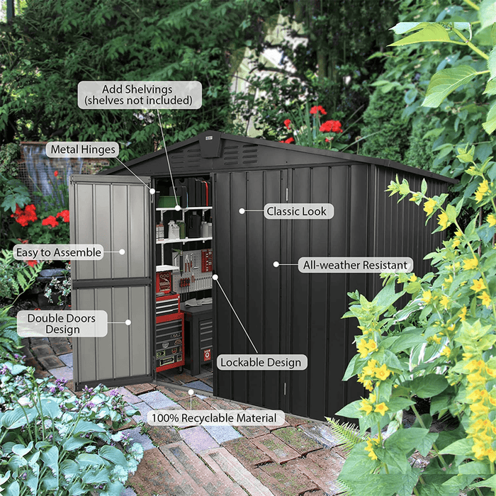 Outdoor Storage Shed 8.2'x 6.2', Metal Garden Shed for Bike, Trash Can, Galvanized Steel Outdoor Storage Cabinet with Lockable Door for Backyard, Patio, Lawn (8.2x6.2ft, Black)