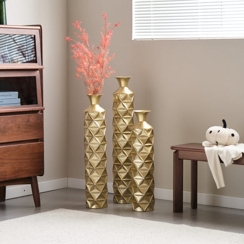 Metal Decorative Vase High Distress Metal Center Vase With 3D Triangle Pattern, Set Of 3 Vases for Home Decoration 33.5', 29.5', 25.2'High, Gold - Image 12