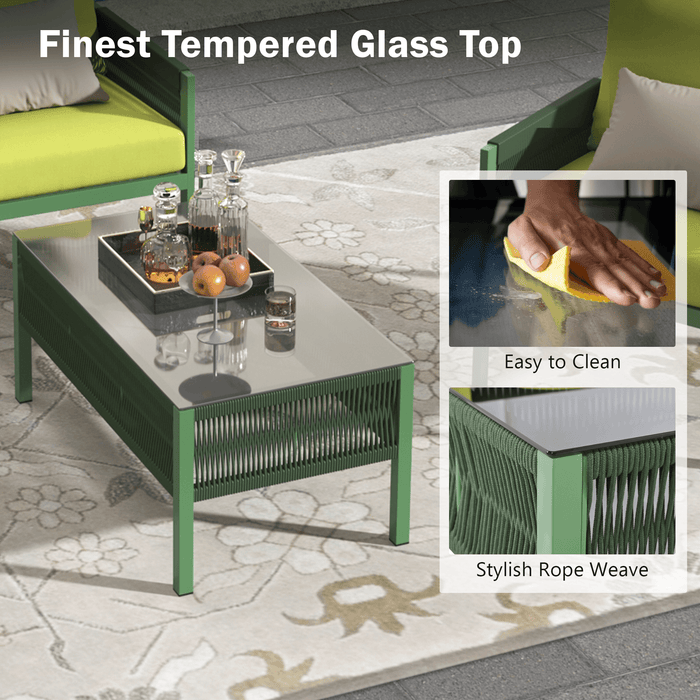 4-Piece Rope Patio Furniture Set, Outdoor Furniture with Tempered Glass Table, Patio Conversation Set Deep Seating with Thick Cushion for Backyard Porch Balcony (Fluorescent Yellow & Green)