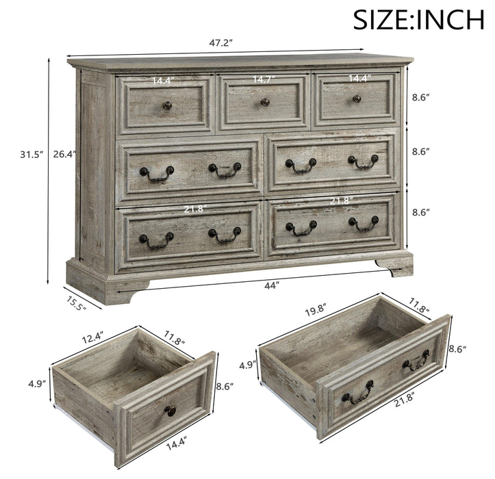 Farmhouse 7 Drawers Dresser for Bedroom, Rustic Chest of Drawers with Natural Texture, Vintage Design, Storage Dressers Organizer for Bedroom, Living Room, Hallway, Antique White - DTYStore