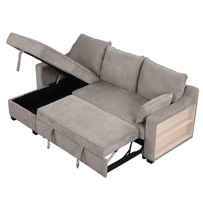90" Pull Out Sleeper Sofa L-Shaped Couch Convertible Sofa Bed with Storage Chaise, Storage Racks and USB Ports, Light Brown - DTYStore