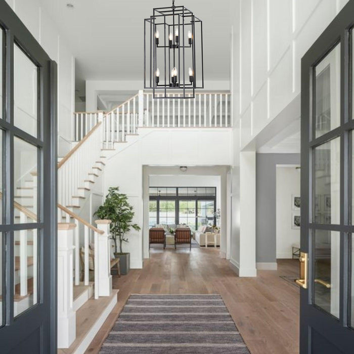 8-Lights Black Lantern Tiered Pendant Light Fixtures, Industrial Farmhouse Hanging Chandelier (No Bulbs)