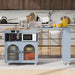 Rolling Kitchen Island With Extended Table, Kitchen Island on Wheels with LED Lights,Power Outlets and 2 Fluted Glass Doors, Kitchen Island with a Storage Compartment and Side 3 Open Shelves, Grey - DTYStore