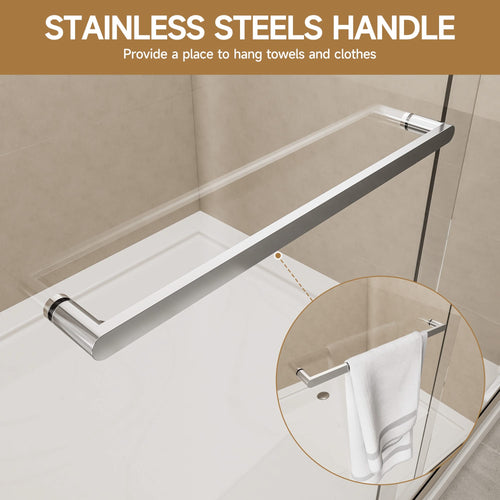 Aluminum Frame Double Sliding Soft-Close Shower Door with Chrome Finish, 1/4 Inches Tempered Glass and Dual 304 Stainless Steel Handles, 56-60 inches W x 72 inches H - Image 9