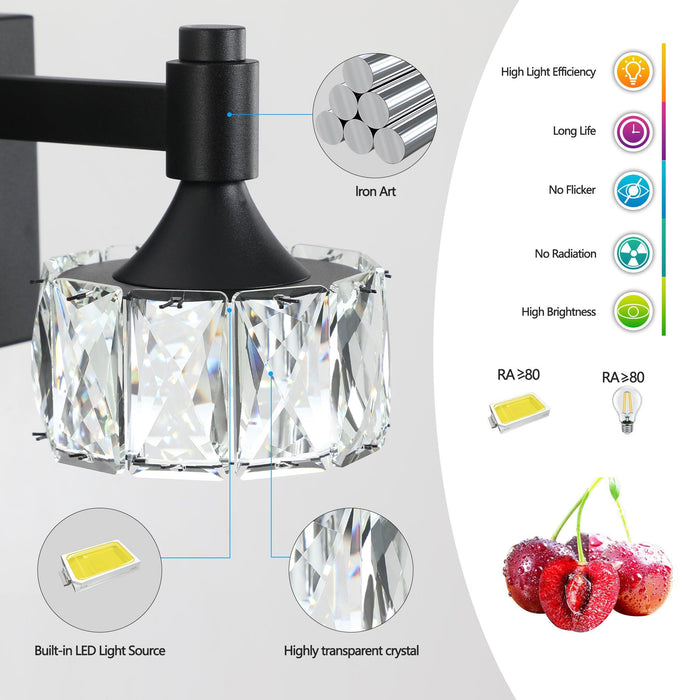 Modern 4-Light Matte Black LED Vanity Light Fixture with Crystal Glass Shades, Bathroom Wall Sconce for Elegant and Contemporary Home Decor - DTYStore