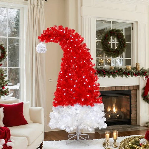 6FT Artificial Christmas Tree with LED Light, Santa's Hat Shape Artificial Whimsical Xmas Tree with 1050 Tip, Curved Xmax Tree - Image 21