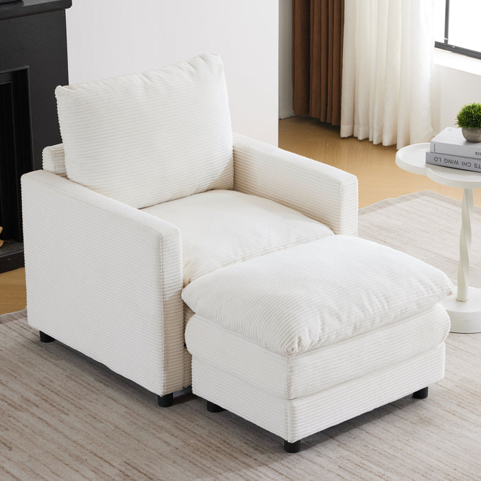 Upholstered Corduroy Armchair with Ottoman, Oversized Sleeper Chair for Bedroom, Living Room, Office (Beige)