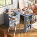 Rolling Kitchen Island With Extended Table, Kitchen Island on Wheels with LED Lights,Power Outlets and 2 Fluted Glass Doors, Kitchen Island with a Storage Compartment and Side 3 Open Shelves, Grey - DTYStore