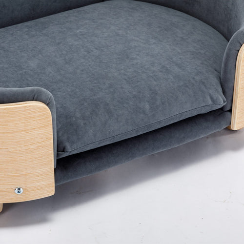 Scandinavian style Elevated Dog Bed Pet Sofa With Solid Wood legs and Bent Wood Back, Velvet Cushion,Mid Size,Dark Grey - Image 9