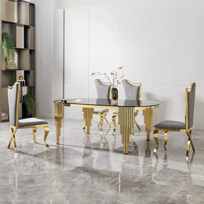 79.53 in. Oval Dining Table with Black Glass Top and Gold Stainless Steel Base, 8 Seats Default -DTYStore