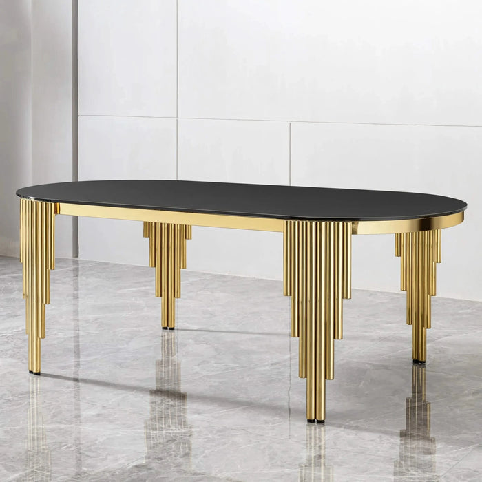 79.53 in. Oval Dining Table with Black Glass Top and Gold Stainless Steel Base, 8 Seats Default -DTYStore